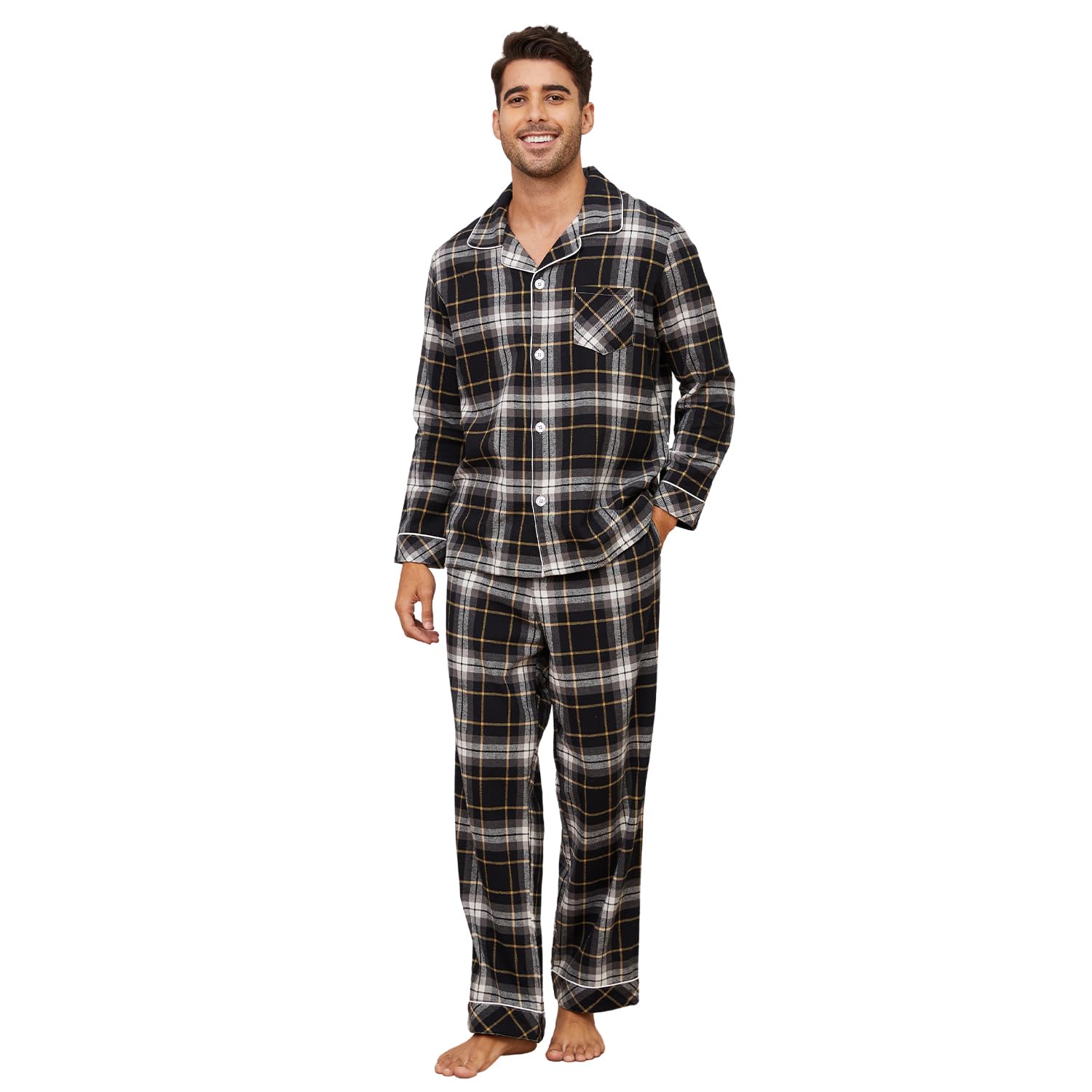 Photo 1 of Vulcanodon Men's 100% Cotton Flannel Pajama Sets, Soft Plaid PJS Long Sleeve Sleepwear 2 Piece Button Down Lounge Set(A-Black Yellow Plaid,S)