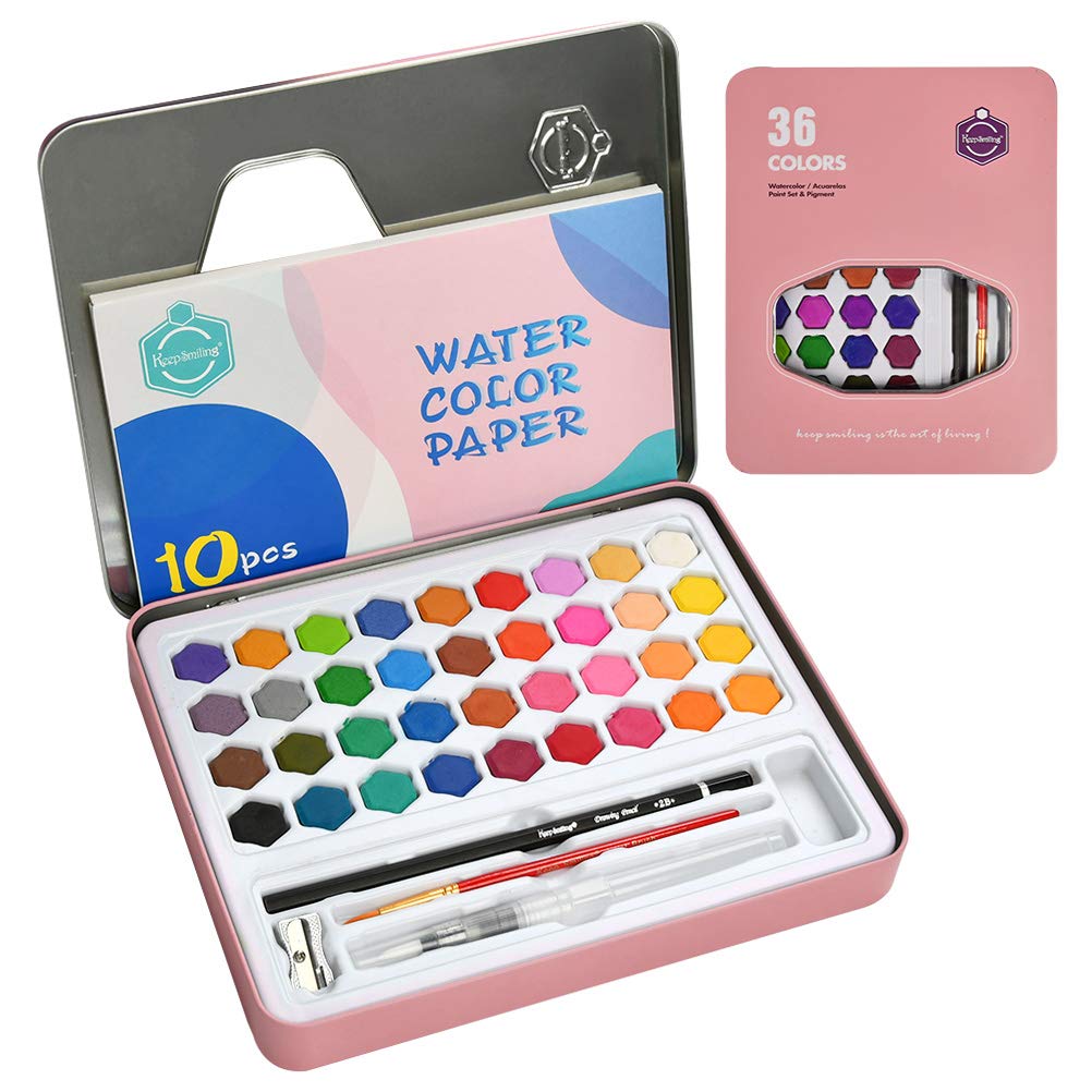 YANSHON Watercolour Paint Set with Paintbrush 36 Colours Art Watercolour Paint + 10 Artists Paper + 5 Watercolour Paint Brush & Accessories, Travel Pocket Portable Watercolour Palette Set