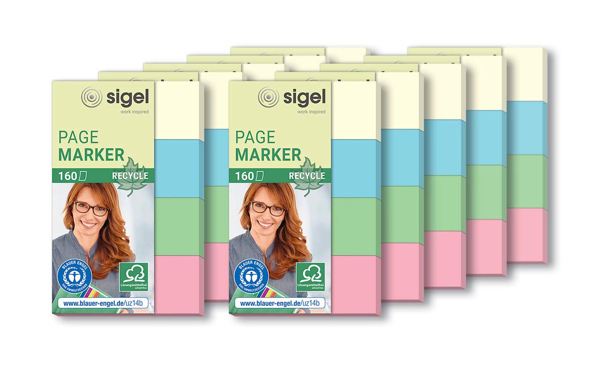 SIGEL HN604 Recycle PageMarkers, 4 x 40 sheets, Pack of 10, pastel Yellow/Green/Blue/Red