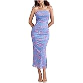 Milumia Women's 2026 Summer Floral Bodycon Maxi Dress Strapless Tube Top Long Dresses Wedding Guest Party Blue and Pink Medium