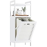 HITNET Bamboo Tilt Out Hamper, Bathroom Laundry Cabinet with Hidden Foldable Basket, Freestanding Clothes Storage Organizer w
