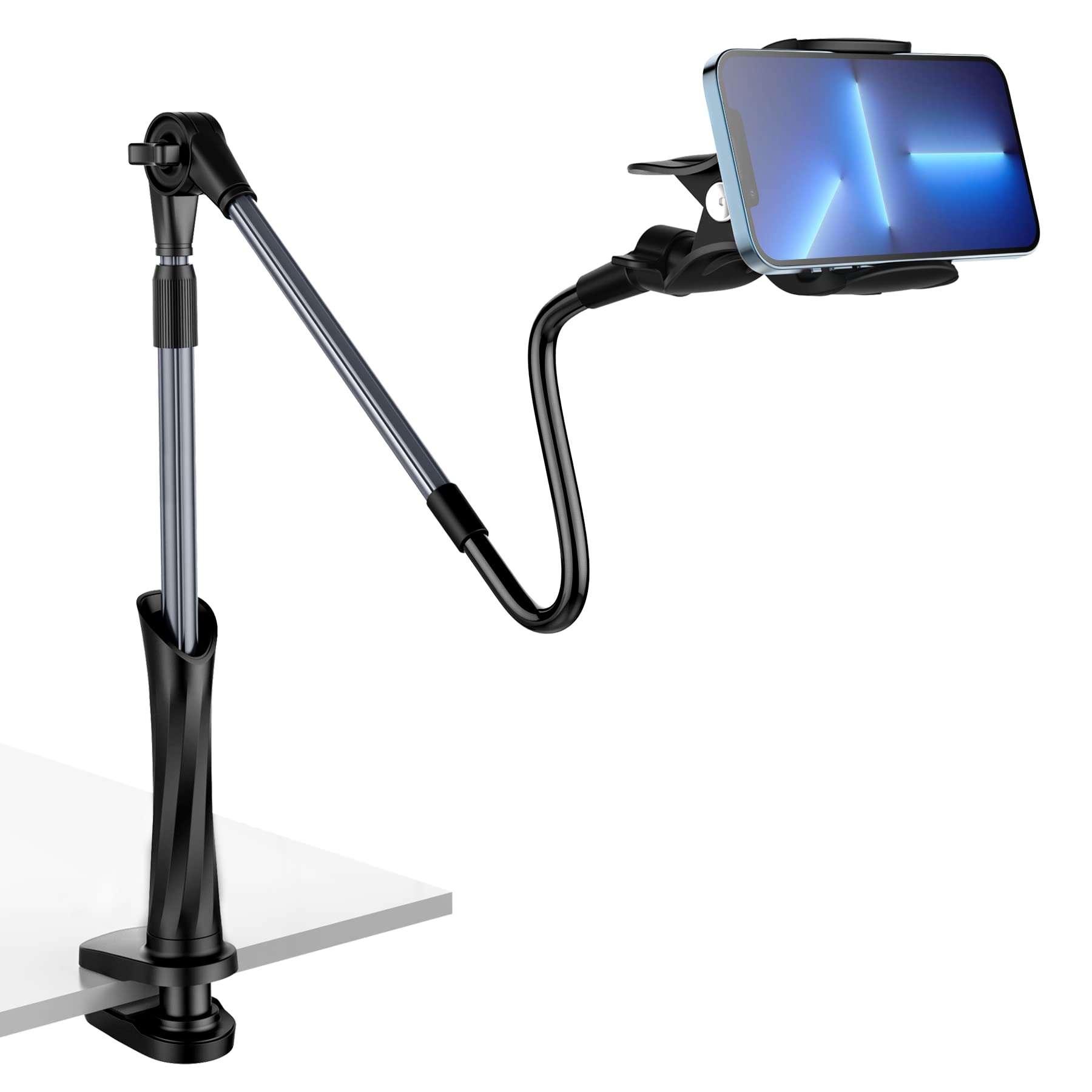 Lucrave Gooseneck Phone Holder for Bed, Flexible Arm Clamp Clip for Desk, Compatible with All Smart Phone(4-7"),Length 39.4In(Grey)