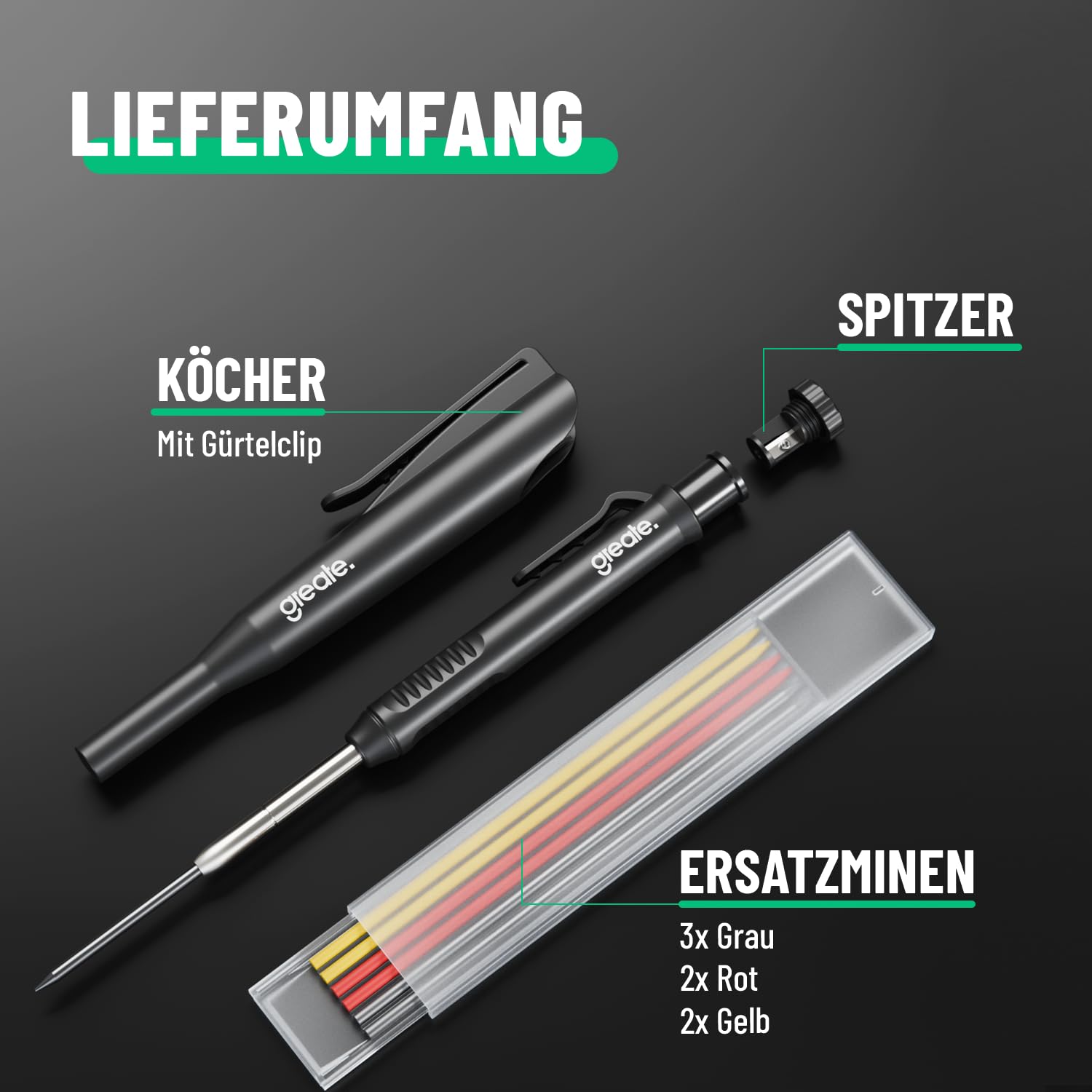greate Tieflochmarker Bleistift inkl. 7 Mienen & Spitzer - Handwerker Baustellen Stift für Holz, Metall, Kunststoff, Fliesen und vieles mehr - Tiefenlochmarker, Markierstift, Baubleistift 3
