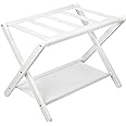 VASMIA Luggage Rack, Folding Suitcase Stand with Storage Shelf,Bamboo Luggage Stand for Guest Room,Bedroon and Hotel,Holds up to 131 lb,Fit Most Luggage Size,White