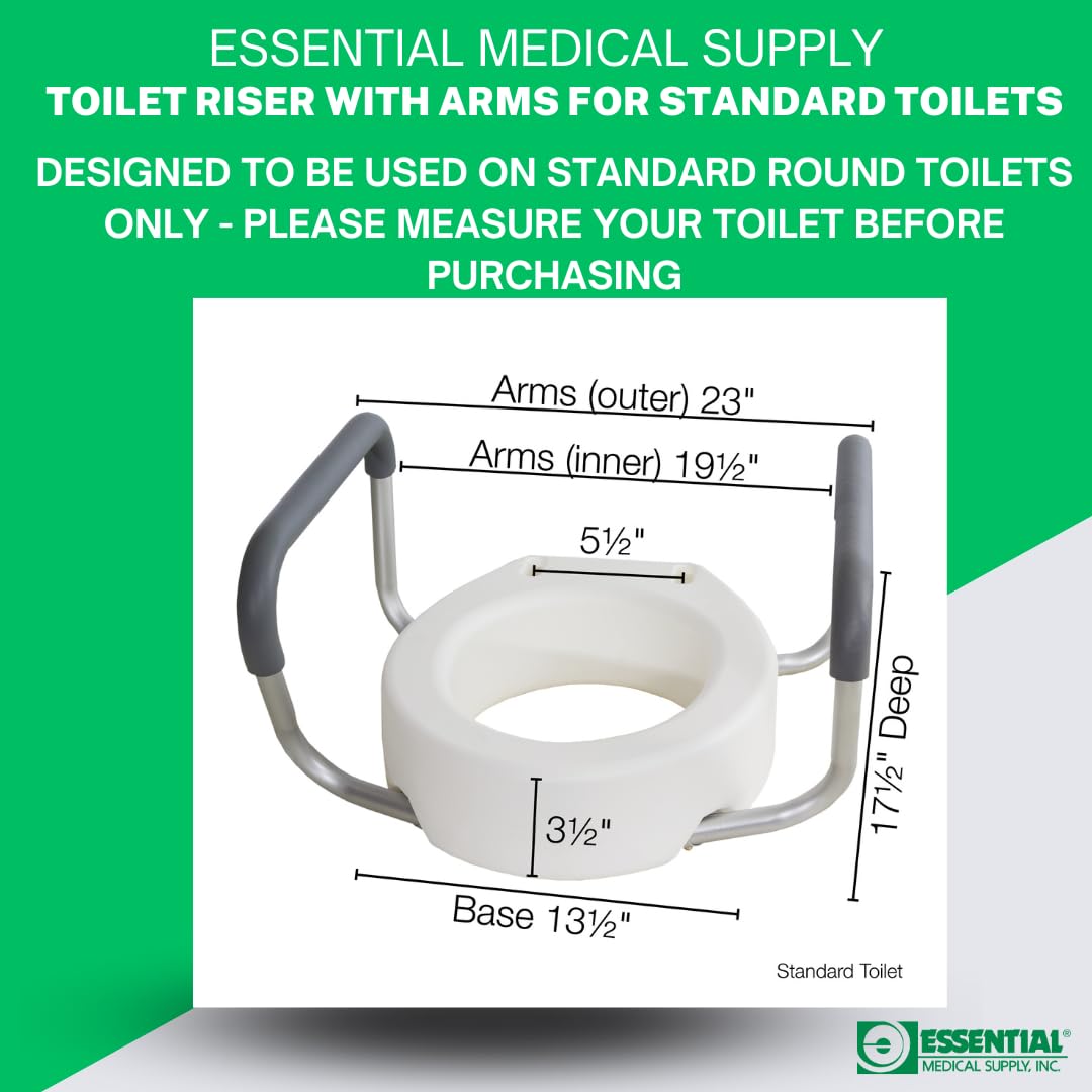 Essential Medical Supply Raised Elevated Toilet Seat Riser for a Standard Round Toilet with Padded Aluminum Arms for Support and Compatible with Existing Seat, Standard, 17.5 x 13.5 x 3.5 Inch
