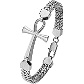 Rofusn Ankh Cross Bracelet for Men: Stainless Steel Punk Hip Hop Double Layered Braided Franco Chain Bracelet Egyptian Ankh Amulet Jewelry Gifts for Christmas Birthday Husband Son Boyfriend