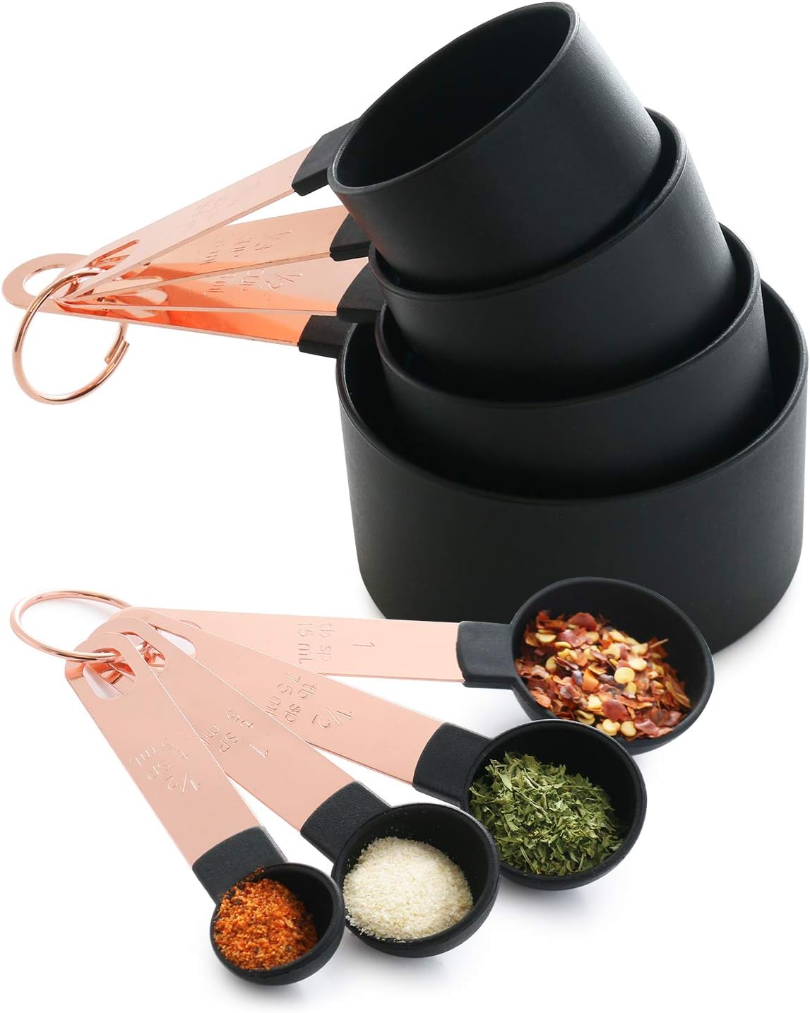 Set of 8 - Measuring Cups and Spoons Set, Copper Handle Measuring Spoon - Cup, Vintage, Kitchen Gift, Black