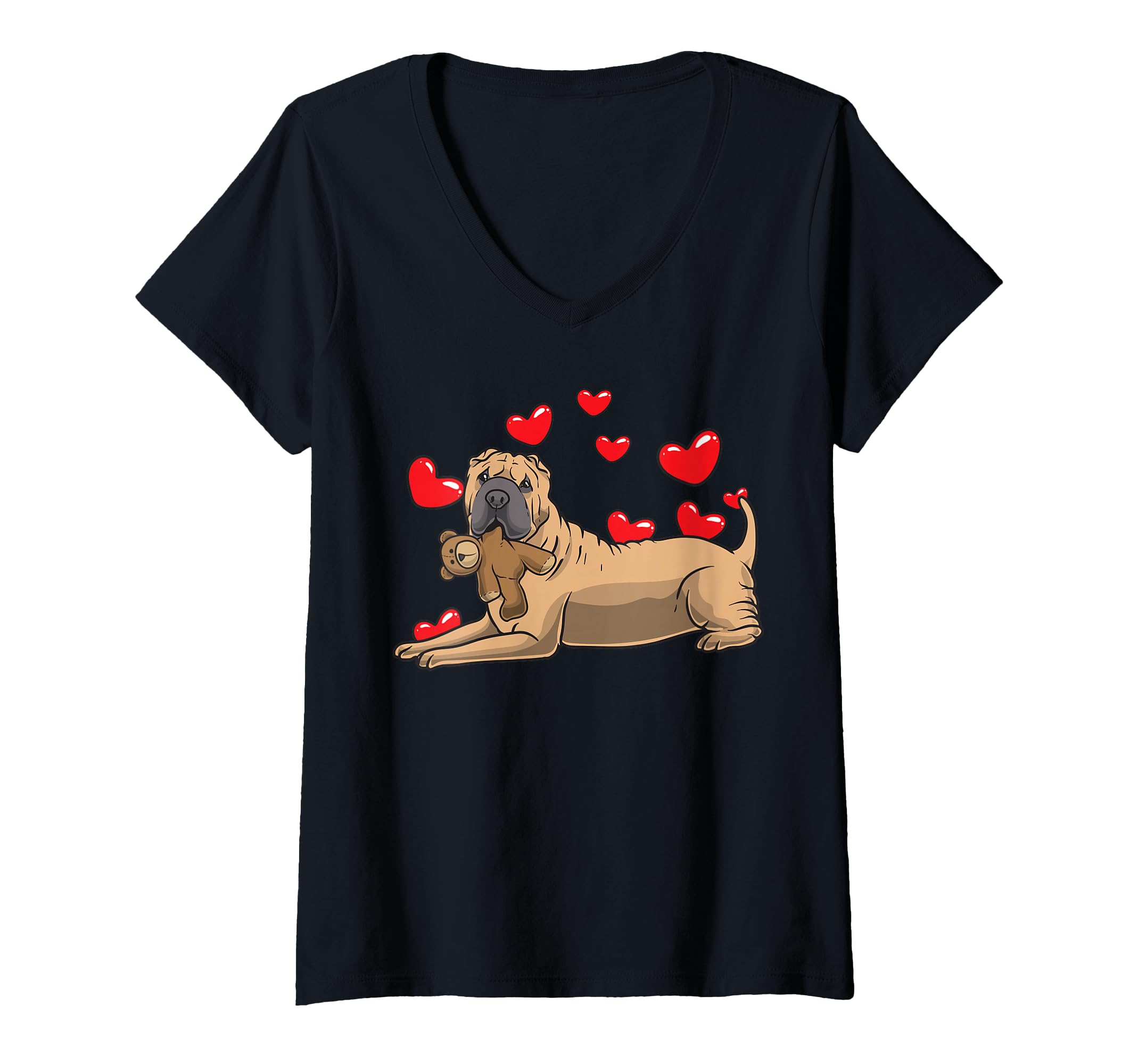 Womens Shar Pei Dog With Stuffed Animal And Hearts V-Neck T-Shirt