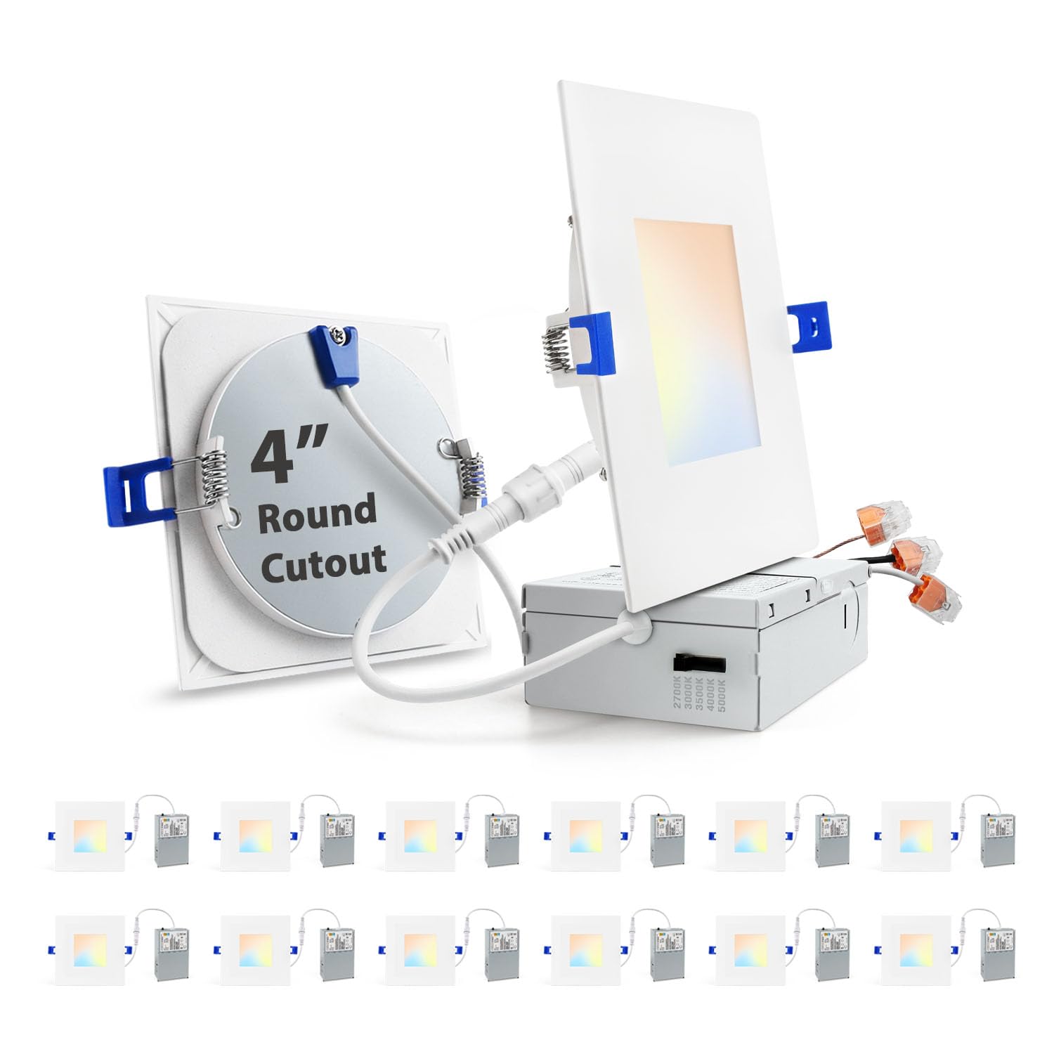 Photo 1 of zouzai 4 Inch Square LED Recessed Light for Round Cut Outs,Ultra-Thin 5CCT Selectable & Dimmable Downlight with Junction Box, ETL & Energy Star Certified?12 Pack White?