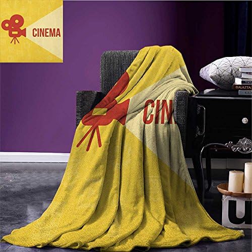 Movie Theater Patterned Blanket Projector Silhouette with Cinema Quote Movie Symbols Background Beach Blanket Dark Coral Beige Yellow Size:51"x31.5"