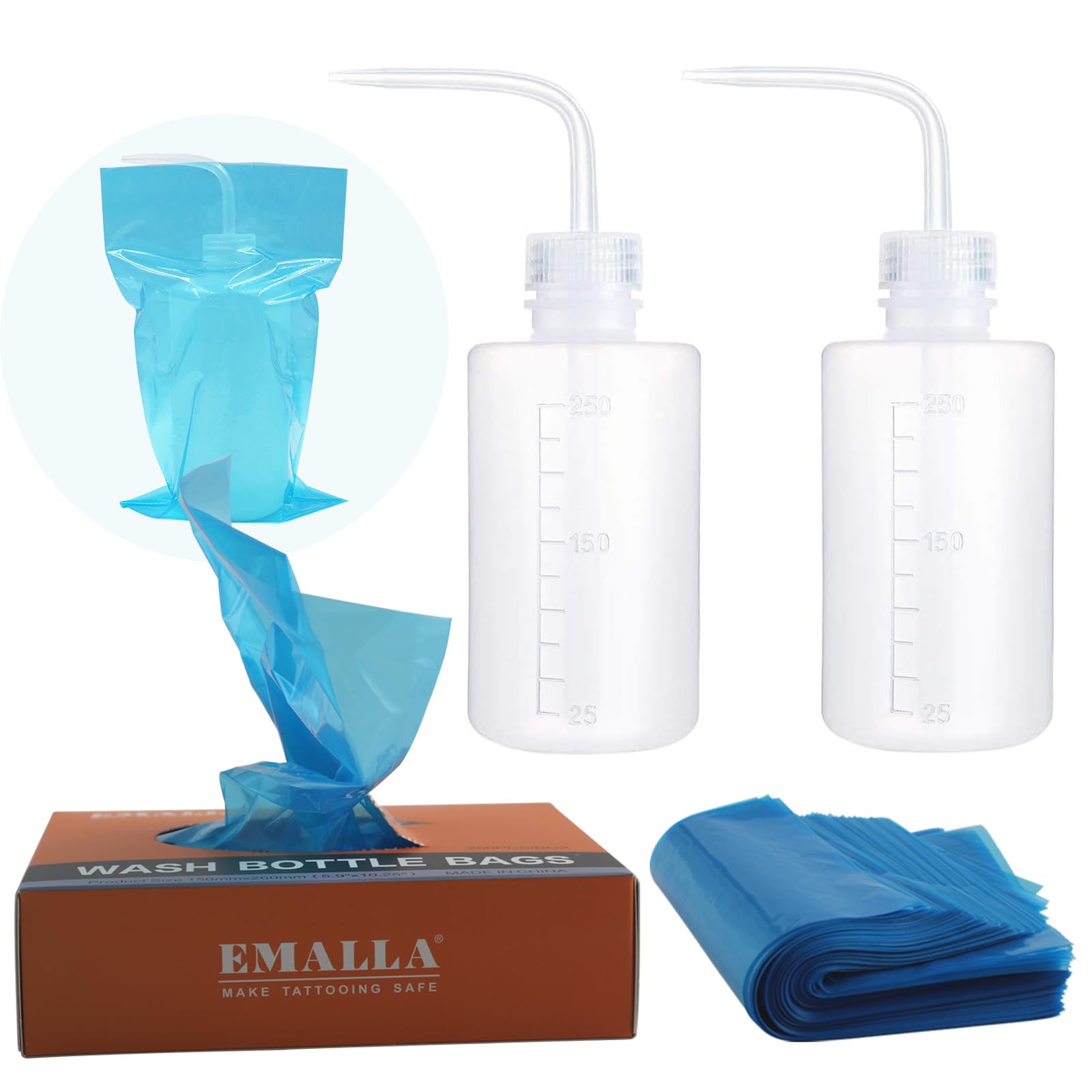 Emalla 2Pcs 250ML Squeeze Bottles with 250Pcs Bottle Bags - Plastic Tattoo Wash Bottles with Narrow Mouth Disposable Tattoo Wash Bottle Covers Bags for Tattoo Supplies Accessories — image 1