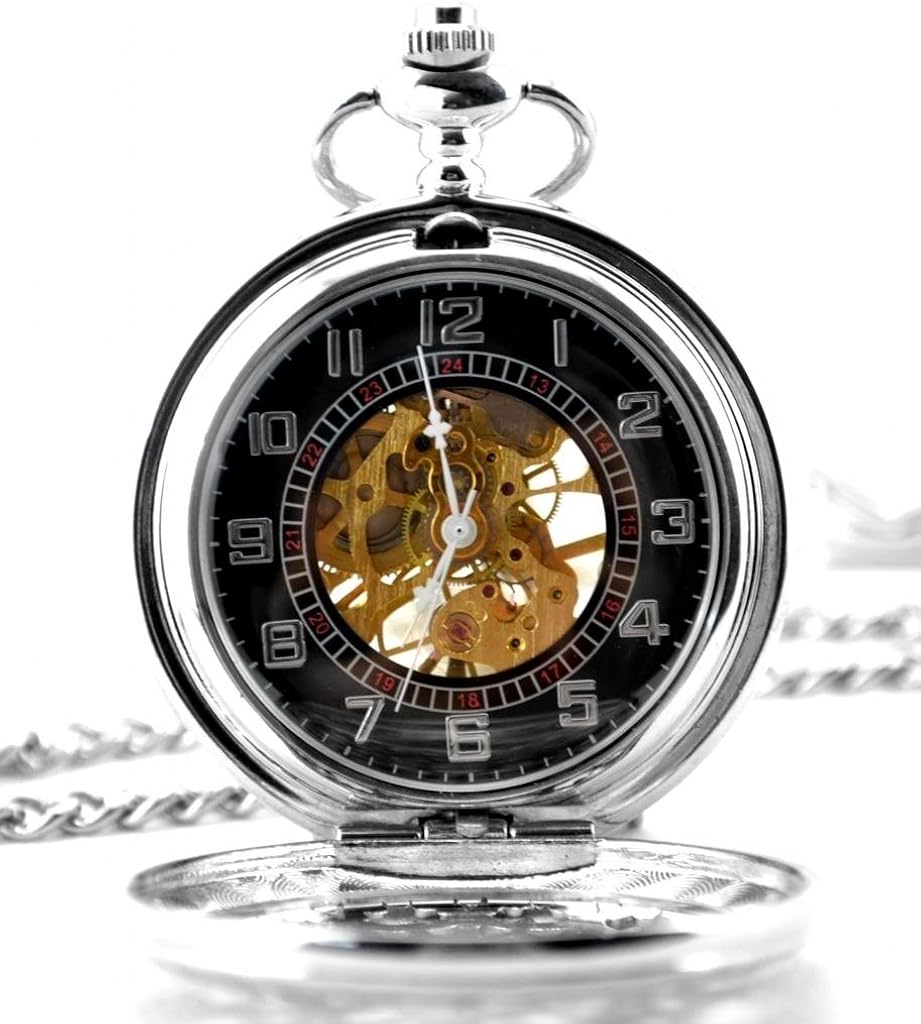 Infinite U Double Time Display Skeleton Hollow Steel Handwind Mechanical Pocket Watch Silver - Image 3