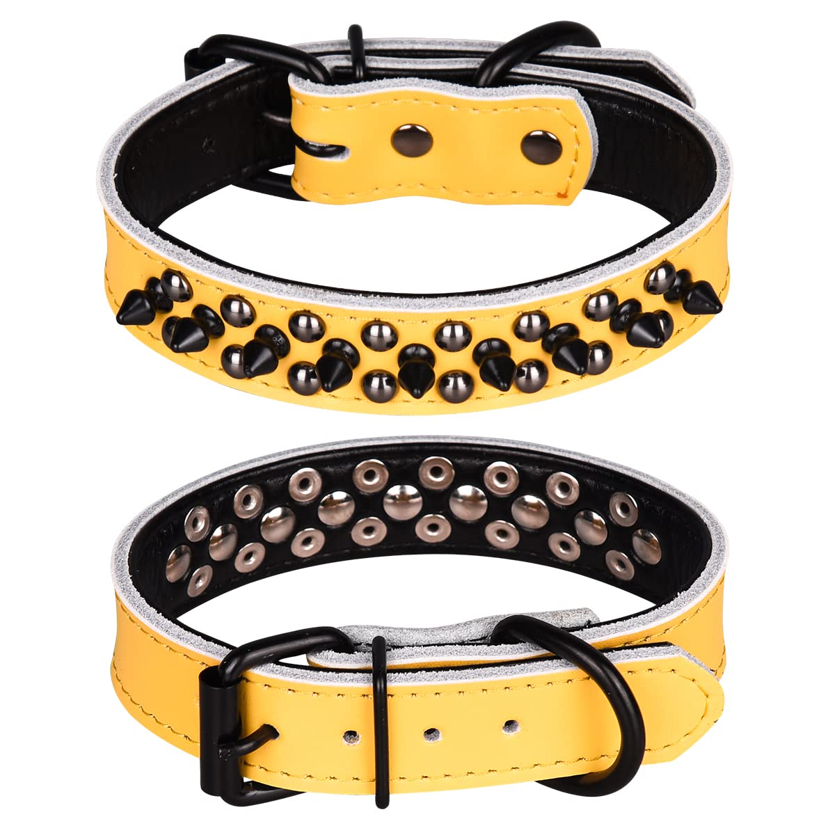 haoyueer Spiked Studded Dog Collar, Genuine Leather Dog Collar, Adjustable Pet Collars for Medium Large Bulldog Pitbull Mastiff Poodle Boxer (M, Yellow-1)