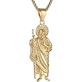 AsAlways Saint Jude Necklace for Men 14K Gold Plated Stainless Steel Large San Judas Necklace Pendant Protection Jewelry Gift
