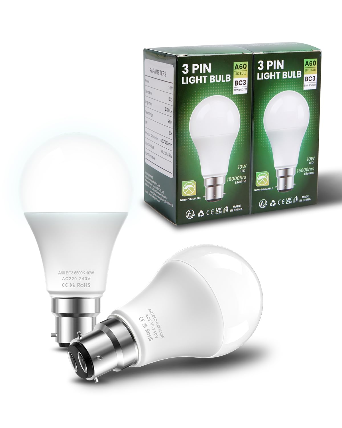 BrightArk BC3 3 Pin LED 10W Energy Saving Light Bulbs Cool White 6500K Non-Dimmable A60 Pin for Ceiling, Landing, Hallway (2 Pcs)