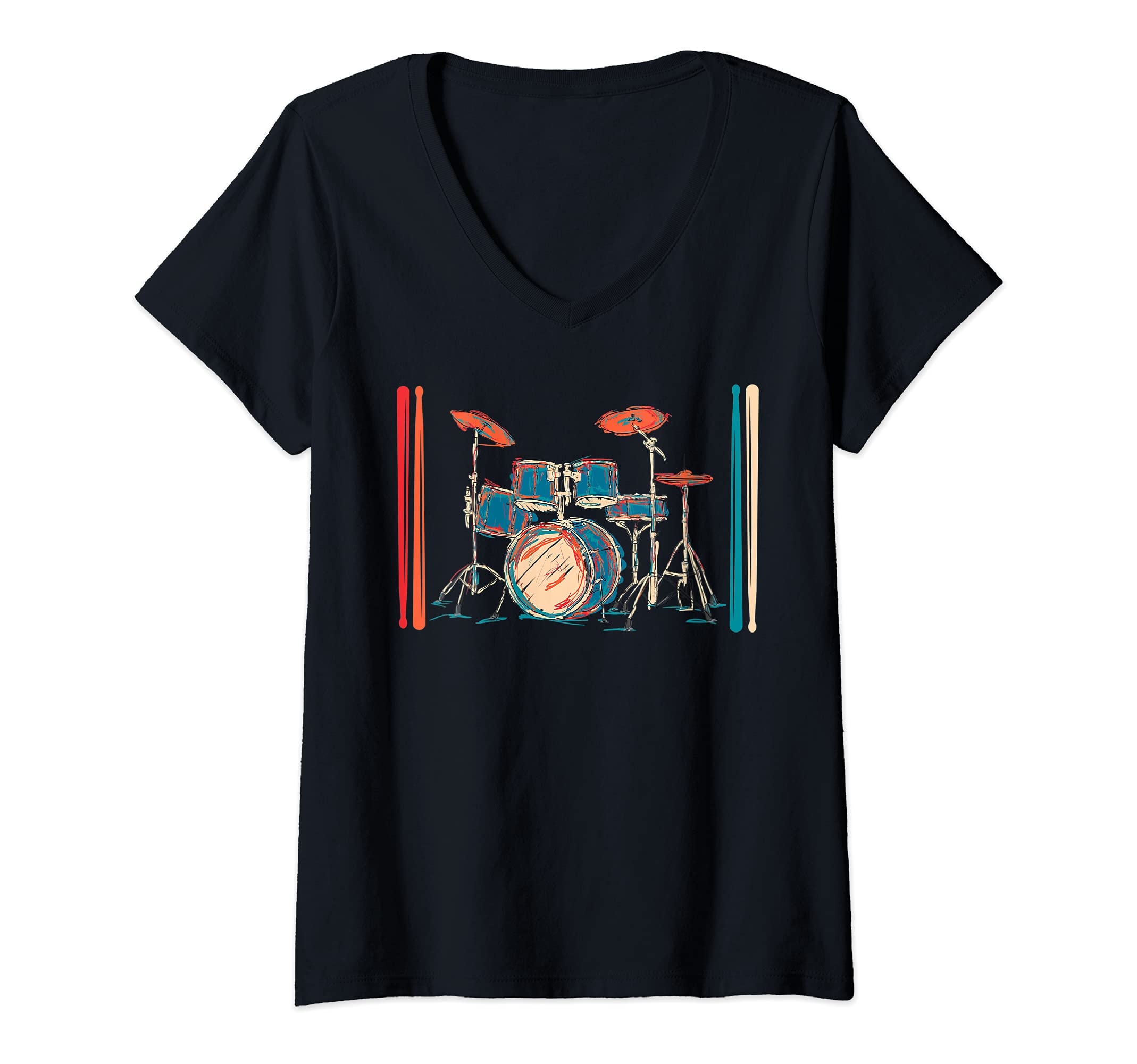 Womens Drum Set Rock Music Percussion Musician Drummer Drums V-Neck T-Shirt