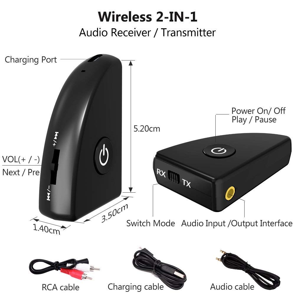 Blufree Bluetooth 4.2 Transmitter Receiver, 2-in-1 aptX Low Latency Wireless 3.5mm Audio Bluetooth AUX Adapter for TV / PC / MP3 / MP4, Home Sound System / Headphones / Speakers, Paired 2 Bluetooth Devices at Once (Volume Control)
