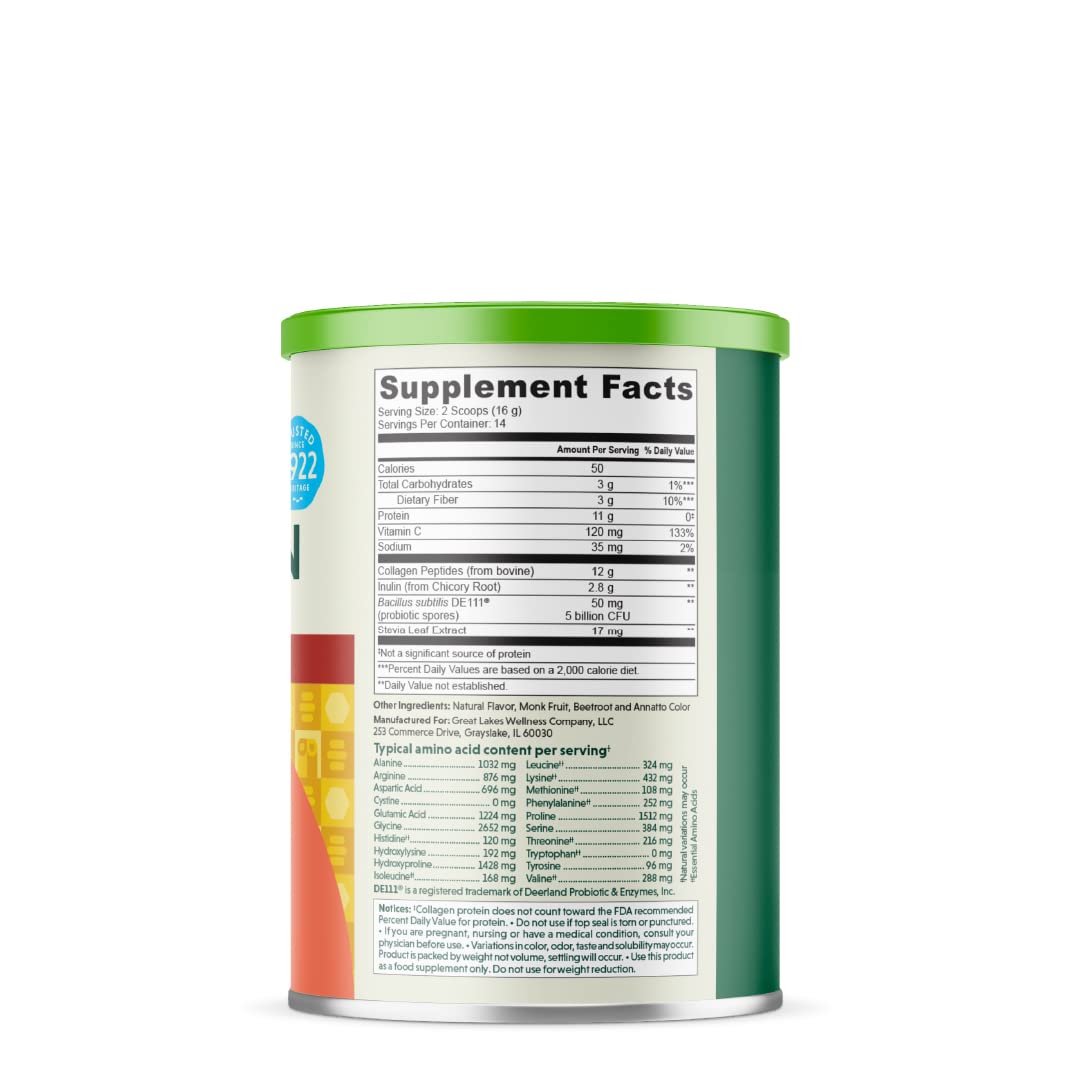 Great Lakes Wellness Daily Digestion Collagen Peptides - Honey + Cinnamon - Digestive, Immune Health, Probiotics, Prebiotics, Vitamin C - Kosher, Non-GMO, Keto, Gluten-Free - 8 oz Canister