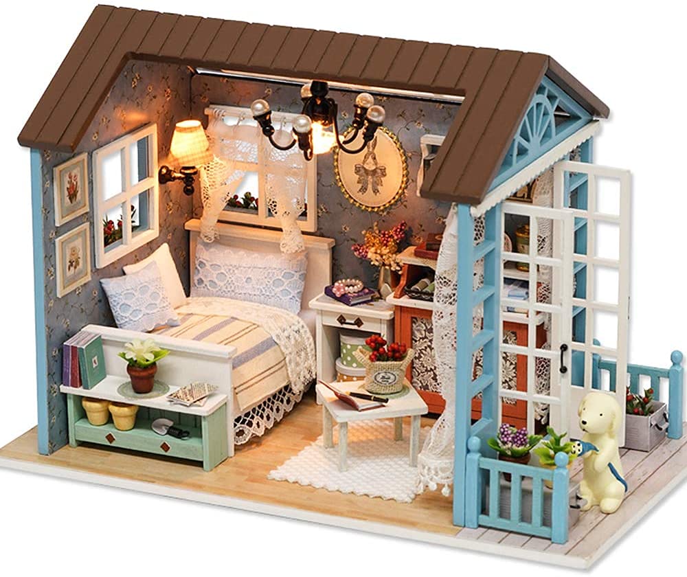 DIY Miniature House Kits with Furniture and LED Lights, CUTEROOM 3D Wooden Dolls House Kits to Build for Adults Birthday (Blue Time)