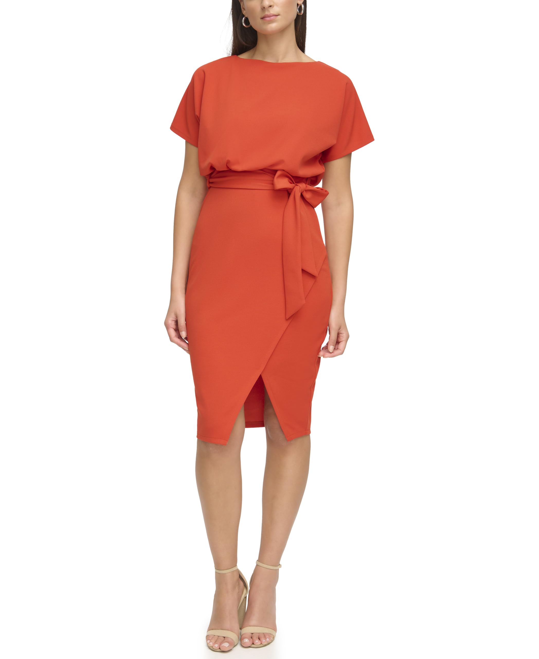 Kensie Women’s Short Sleeve Tie Waist Midi Dress, Burnt Orange, 16