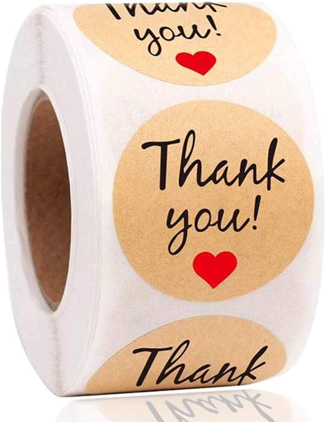 Thank You Stickers, DELFINO 1.5" Round Kraft Paper, Thank You Labels, Red Heart Sealing Stickers, Personalized Stickers, 500 Labels Per Roll, for Party Bags Wedding Favour Gift Labels