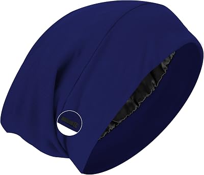 WLLHYF Silk Bonnet Sleep Cap Satin Lined Beanie Adjustable Turban Navy Blue