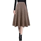 Ylingjun Womens Warm Wool Midi Skirts Winter Fall High Elastic Waist A line Flared Woolen Skirts