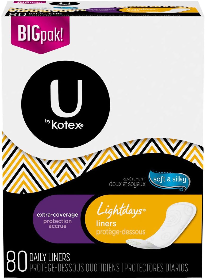 Kotex Natural Balance Lightdays Liners, Unscented, Extra Coverage, 80 Count, Pack of 3.
