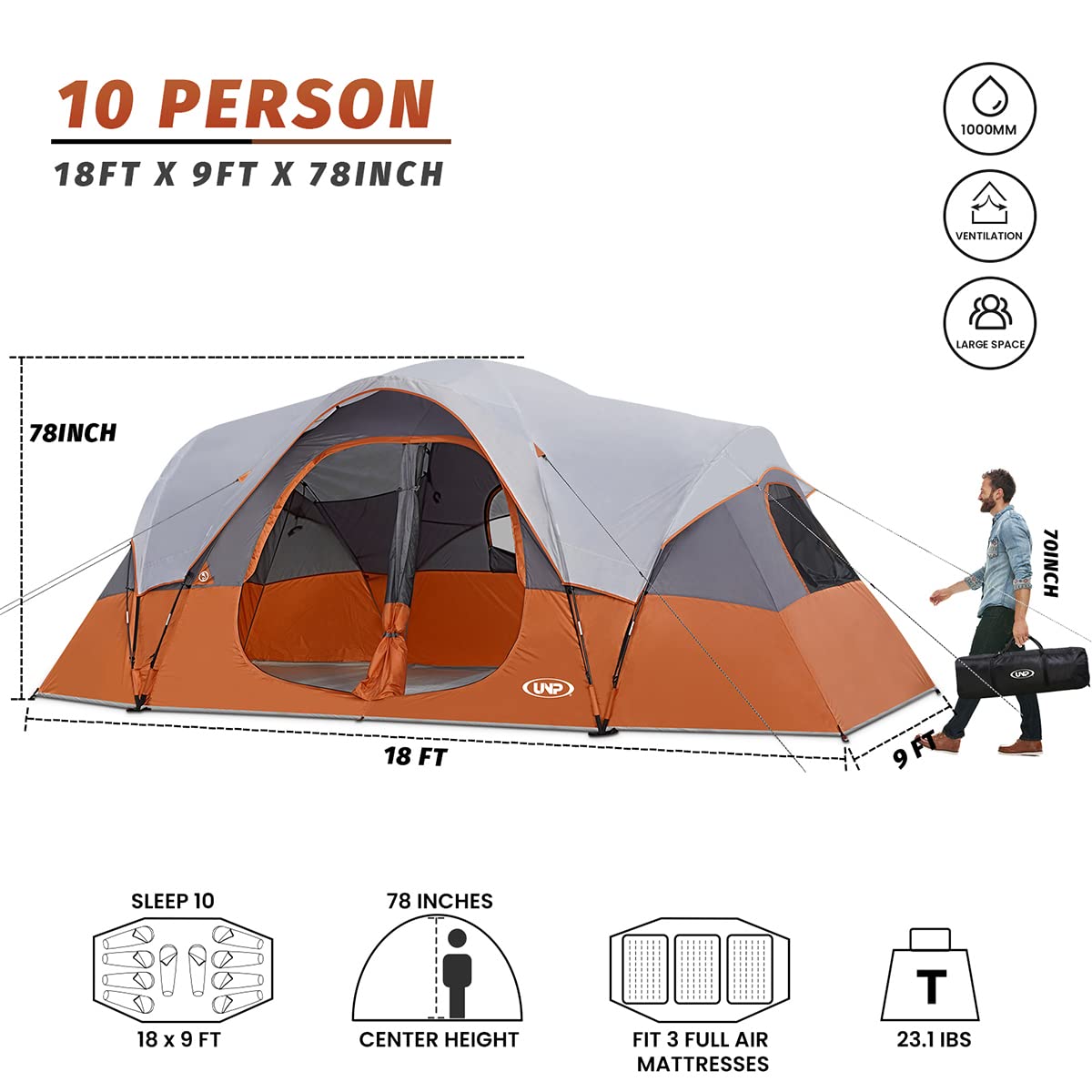 UNP Camping Tent 10-Person-Family Tents, Parties, Music Festival Tent, Big, Easy Up, 5 Large Mesh Windows, Double Layer, 2 Room, Waterproof, Weather Resistant, 18ft x 9ft x78in