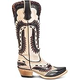 XEYANFYS Women's Swallow Floral Embroidered Cowgirl Boots - Chunky Low Heels - Handmade Rivets - Western Cowboy Knee High Boots - Pull On - Blue, Black, Green - Patchwork - Wide Calf