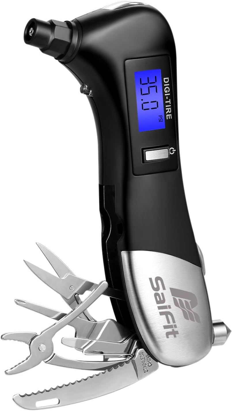 SaiFit CT-A1 Digital Tyre Pressure Gauge 150 PSI 4 Settings With Blue Backlight LCD, LED Flashlight and SOS Rescue Light, Safety Hammer, 9-In-1 Emergency Survival Repair Multi-Function Tool Kit