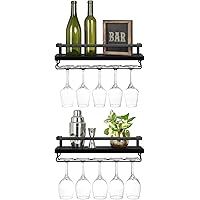 Mkono Wall Mounted Wine Rack Set of 2 Wood Shelf Rustic Wine Bottle Glass Floating Shelves with Stemware Hanger Modern Plants