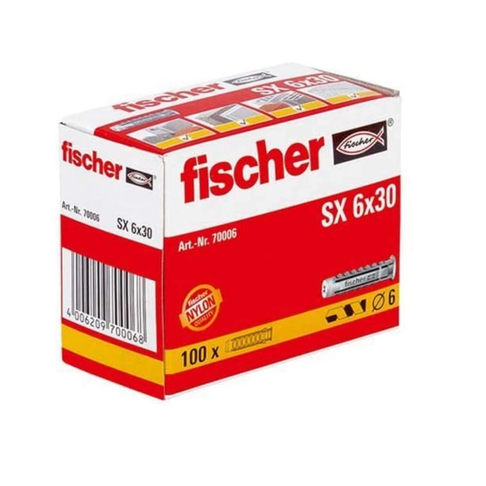 fischer 70006 Expansion Wall Plug SX 6 x 30 - 100 Pieces, Grey