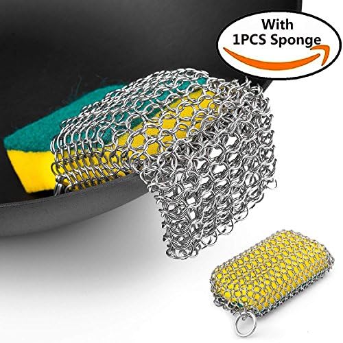 Cast Iron Cleaner, Myguru Stainless Steel Cleaning Brush Net with Sponge for Kitchenware and Grill, Chainmail Scrubber - Perfect for Home and Camping&amp;BBQ, Easy to Carry
