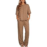 LTSCNRM Women‘s 2 Piece Sweater Set Short Sleeve Pullover Top Elastic Waist Straight Leg Pants with Pocket Knit Lounge Set