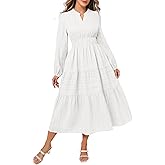 HEPOE Fall Dresses for Women Long Sleeve Elastic Waist Soft Maxi Wedding Guest V Neck Dress with Pockets 2025 Casual White Small