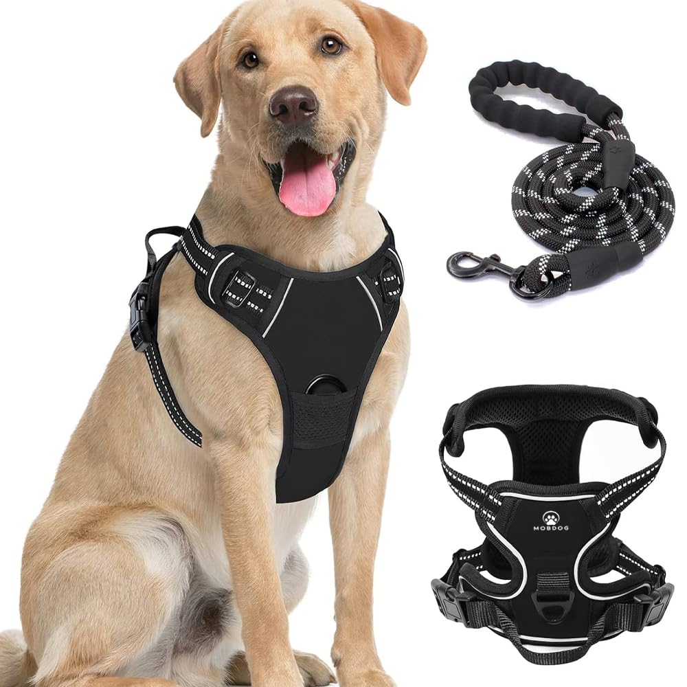 MobDog No Pull Dog Harness & 5 Ft Leash Set - Reflective Vest with Padding for Medium, Small, Large Dogs