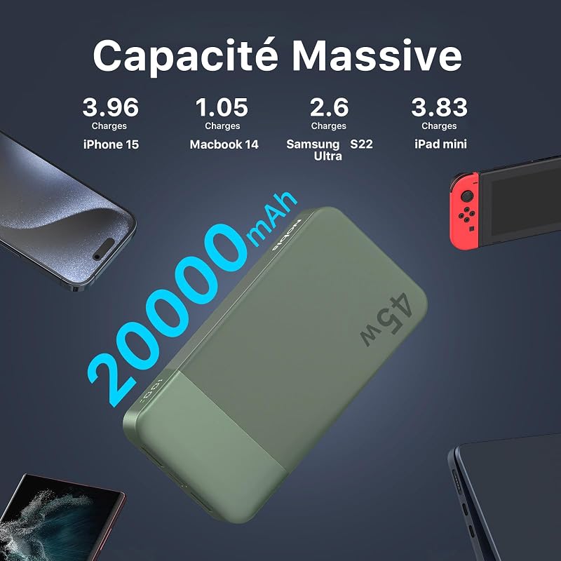 Batterie Externe 20000mAh Power Bank 45W Chargeur Externe Portable