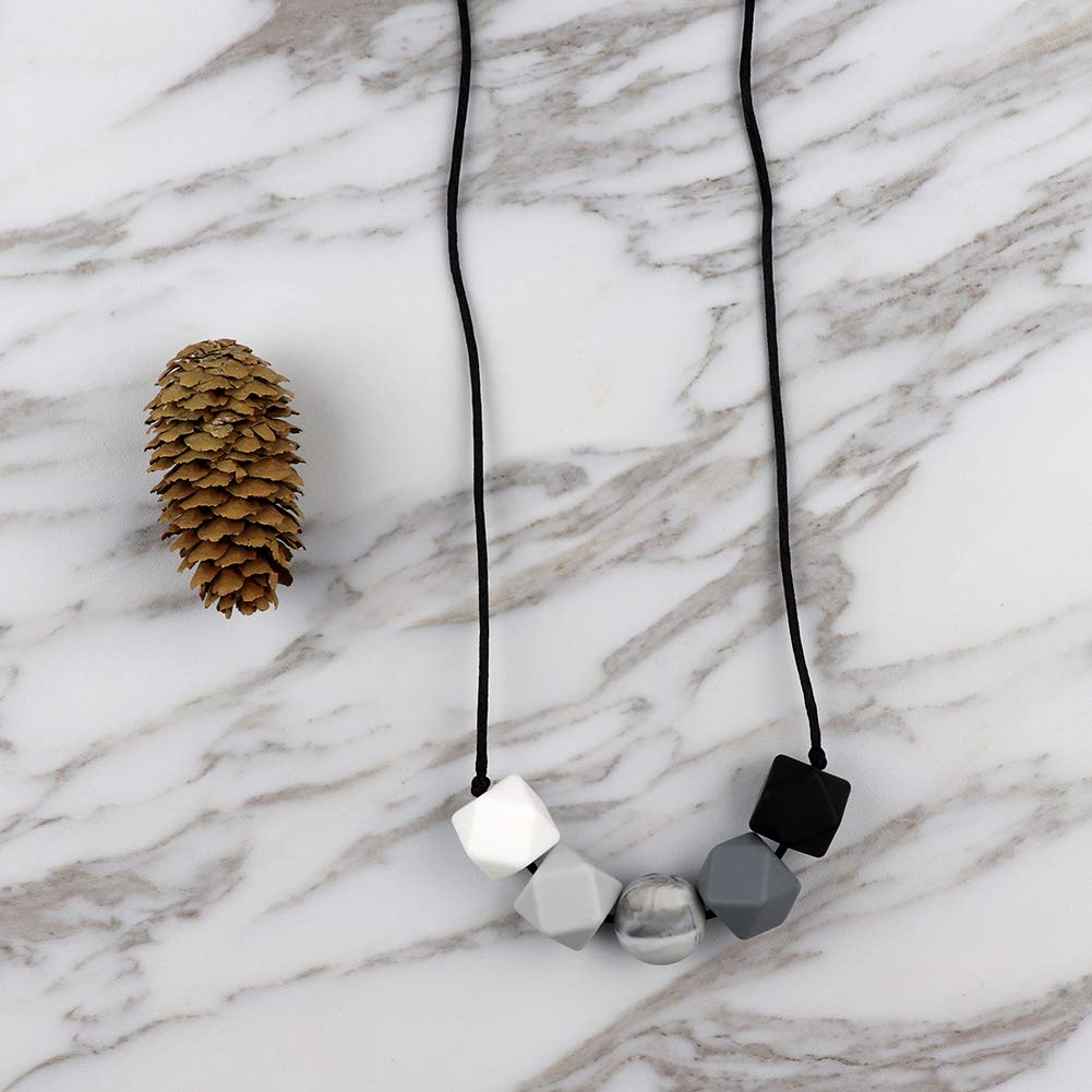 KEFU Teething Necklace for Mum,Silicone Baby Teether Necklace for Breastfeeding Nursing Handmade,Nursing Jewellery,100% BPA Free (Black and White Gray Match)