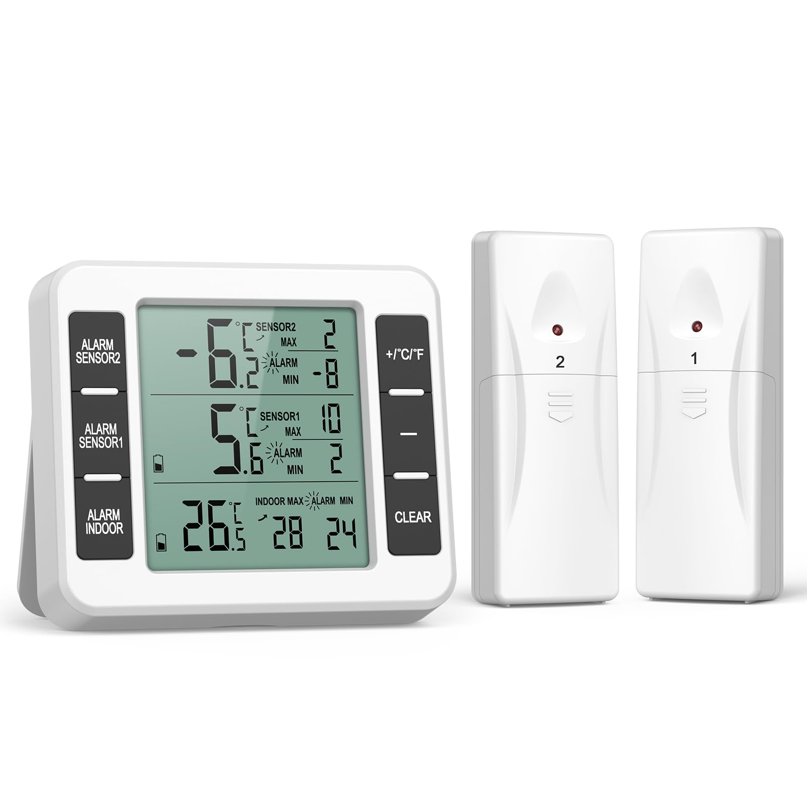 Photo 1 of ORIA Refrigerator Thermometer, Wireless Digital Freezer Thermometer with 2 Sensors, Indoor Outdoor Thermometer, Audible Alarm, Min and Max Display, LCD Display for Home, Restaurants