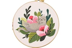 Esffaci Embroidery Starter Kit for Adult Beginner with Lazy Cat Flowers Plant Pattern Stamped Cross Stitch Set with Embroidery Cloth Hoop Needle Threader Embroidery Floss and Instruction