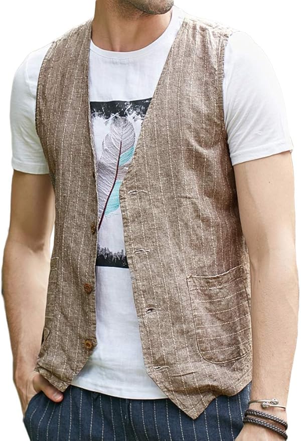 Runcati Mens Linen Cotton Suit Button Up Vest Casual