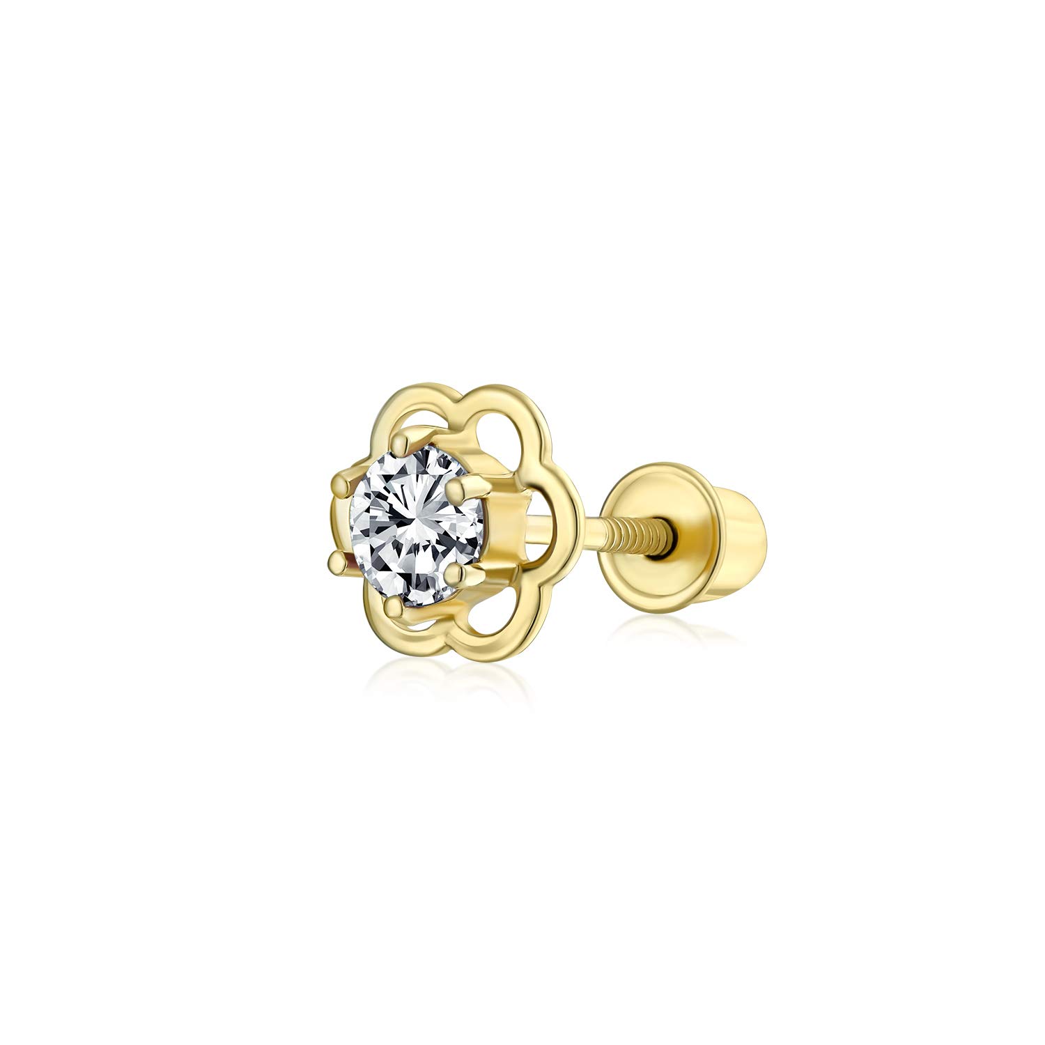 Bling Jewelry Cubic Zirconia Helix Cartilage Ear Lobe Piercing Conch Daith CZ Open Flower 1 Piece Stud Earring For Women Teen REAL Gold Screw back 4MM