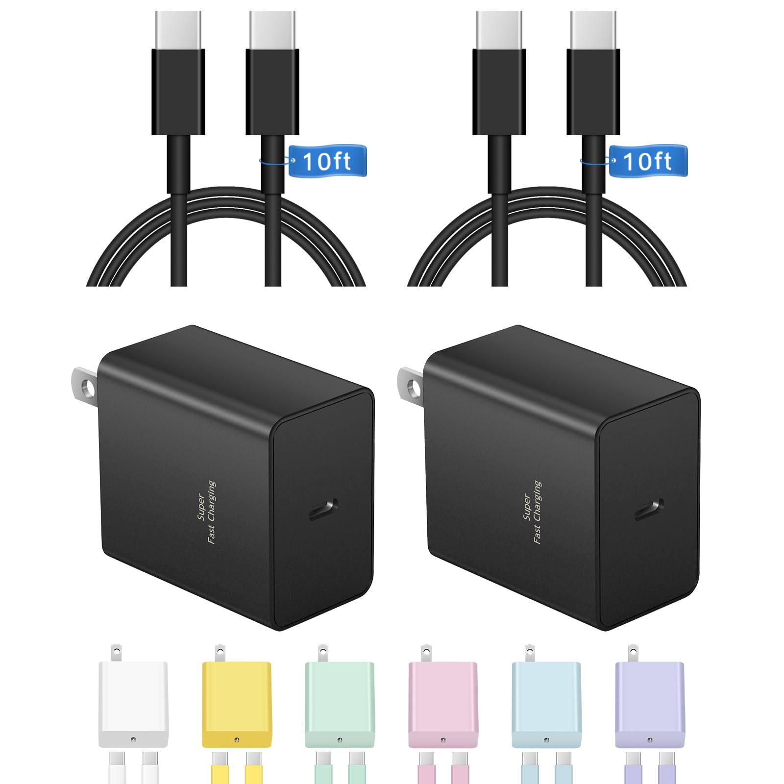 Type C Charger Fast Charging 10FT 45W USB C Charger Block 2-Pack Long USB C Cable for Samsung Galaxy S25/S24/S23/S22/S21, for iPhone 17/17 Pro/17 Pro Max/16/16 Pro/16 Pro Max/15/15 Pro Max/15 Plus