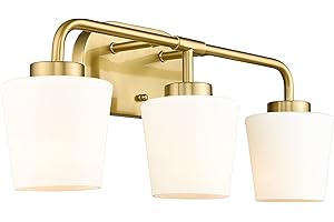 Audickic Brushed Gold Bathroom Vanity Light, Farmhouse Brass Sconces Wall Lighting with Milk White Glass, 3-Light Champagne Bronze Light Fixture Over Mirror, AD-22004-3W-GD