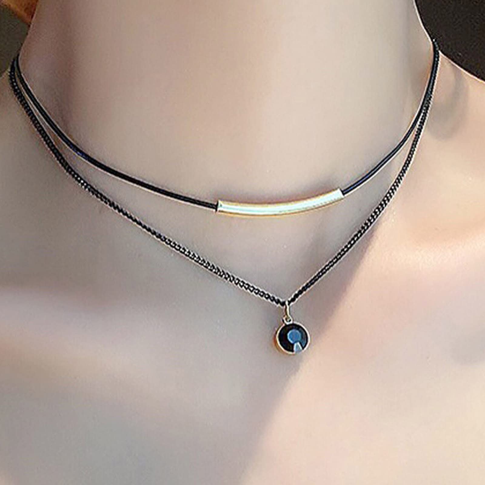 Aneneiceera Punk Layered Black Choker Necklace Round Black Crystal Pendant Necklace Gold Tube Bar Necklace Vintage Leather Necklace Chain Jewelry for Women and Girls