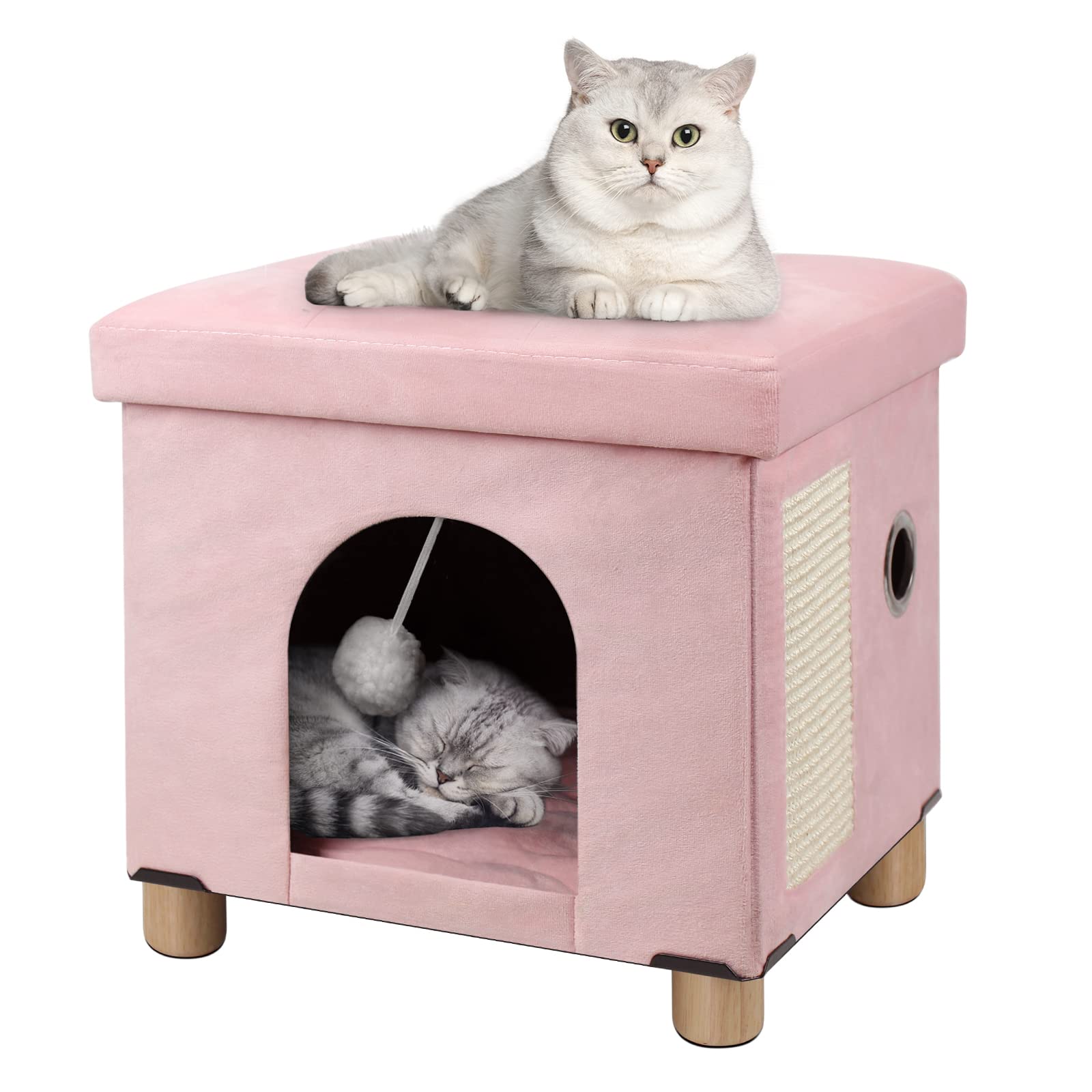 BRIAN & DANY Foldable Cat House Indoor, Multifunctional Cube Cat Cave with Cat Scratch Board & Ball, 37.5 x 32.5 x 36 cm, Pink