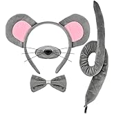 4 Pieces Mouse Ears and Tail Set-Grey Mouse Headband Tail Nose Bow Tie Cosplay Party Halloween Costume Accessories for Kids and Adults