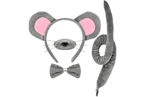 HODRME 4 Pieces Mouse Ears and Tail Set-Grey Mouse Headband Tail Nose Bow Tie Cosplay Party Halloween Costume Accessories for Kids and Adults
