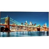 Pyradecor Large Modern New York Cityscape Canvas Wall Art Brooklyn Bridge Night View Canvas Prints Stretched Landscape Pictur